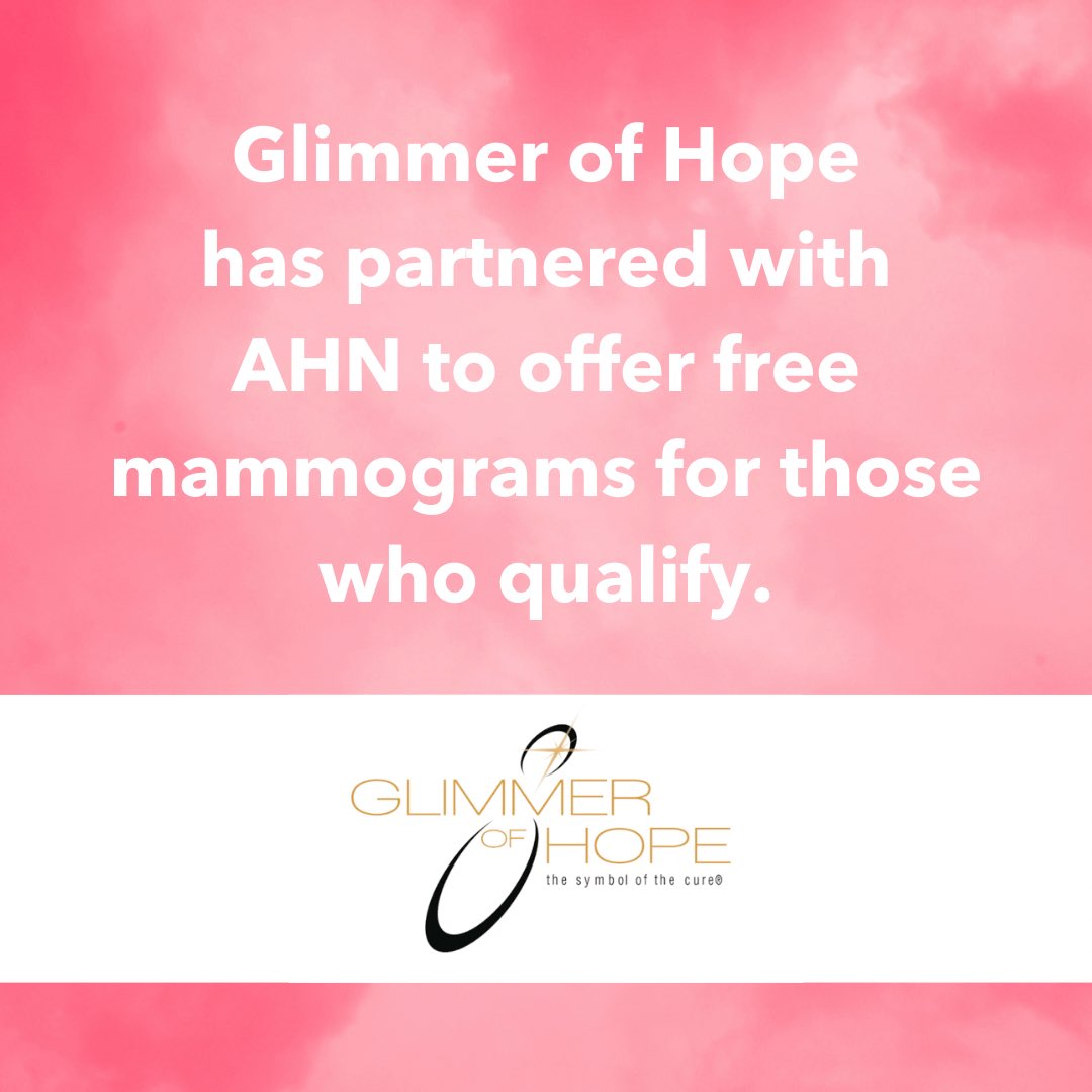 AHNImaging's tweet photo. If you’re worried about how to pay for your annual mammogram, call A Glimmer of Hope Foundation at 412-899-9131 to see if you qualify for care at no cost.
@SymbolOfTheCure @ahntoday #glimmerofhope #glimmerofhopefoundation #freemammo #freemammograms https://t.co/4sYqVvTPDt