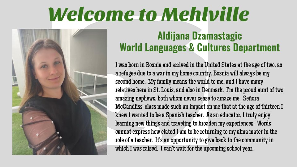 Mehlville_HS's tweet photo. Our next new staff member is another MHS graduate from the Class of 2008. Welcome Ms. Dzamastagic!. #WelcometoMHS #WeAreMehlville #MSDR9 https://t.co/uKkCkLk4bs
