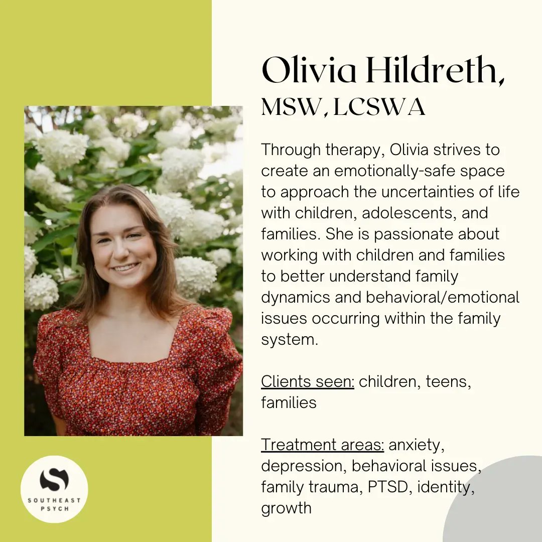 Welcome Olivia Hildreth, MSW, LCSWA to the Southeast Psych Ballantyne team! . . At our Ballantyne location, Olivia works with children, adolescents, and families. For more information about Olivia, check out her bio on our website! . #clinician #socialworker #socialwork