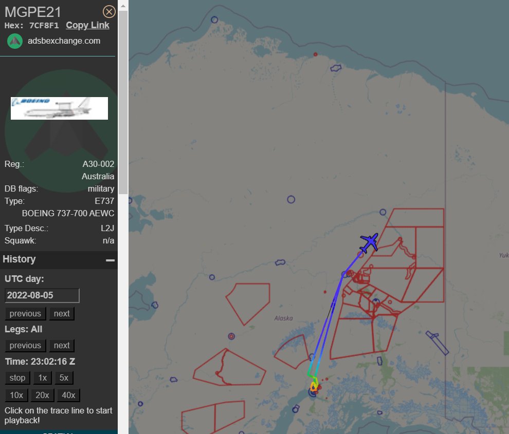 IntelWalrus's tweet photo. The three larger planes have been broadcasting via ADS-B during the exercises.
π¦πΊ E-7A Wedgetail A30-002 (#7CF8F1) using callsign MGPE
π¦πΊ C-130J Herc A97-467 (#7CF83A) and C-130 A97-448 using callsign ACHR (#7CF834) https://t.co/ZqPPIHmXtp