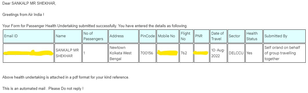 Dear @airindiain How would my email address used to submit a health undertaking, for domestic travel even though i am not in the country?