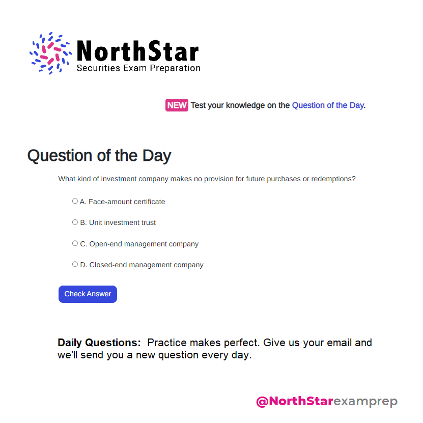 NorthStarSEP's tweet photo. Question of the Day!

Test your knowledge with a free test question delivered to your email each day.

https://t.co/0aR4Fsg6Rf

#NorthStarExamPrep #FINRA #SIE #Series6 #Series7 #Series9 #Series10 #Series24 #NASAA #Series63 #Series65 #Series66 #QuestionoftheDay https://t.co/0m90ulIl0L