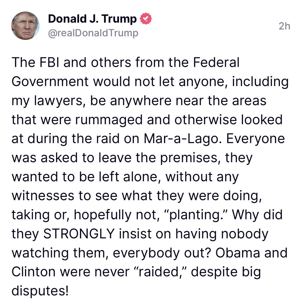 FmrRepMTG's tweet photo. I think there is an extremely high probability that the FBI planted “evidence” against President Trump.

Otherwise WHY would they NOT allow his attorneys or anyone watch them while they conducted their unprecedented raid?

They know the consequences of an empty handed power move. https://t.co/zQ9ptmtFw6
