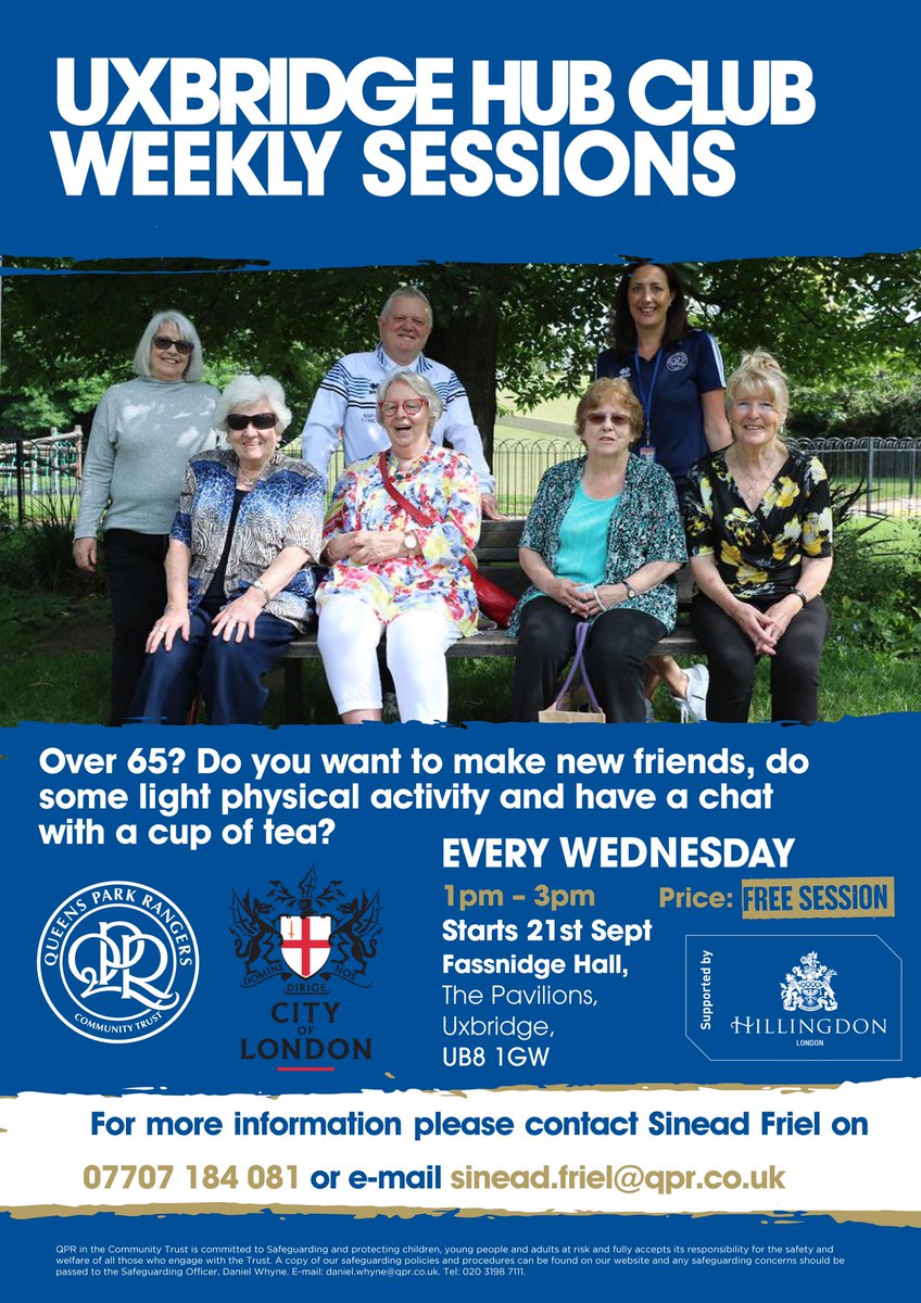🙌 Over 65? Do you want to make new friends, do some light physical activity and have a chat with a cup of tea?

🔜 Starts 21st September
📆 Every Wednesday
⏰ 1pm - 3pm
📍 Fassnidge Hall, UB8 1GW
💰 FREE

➡️ For more information please email sinead.friel@qpr.co.uk

#QPR