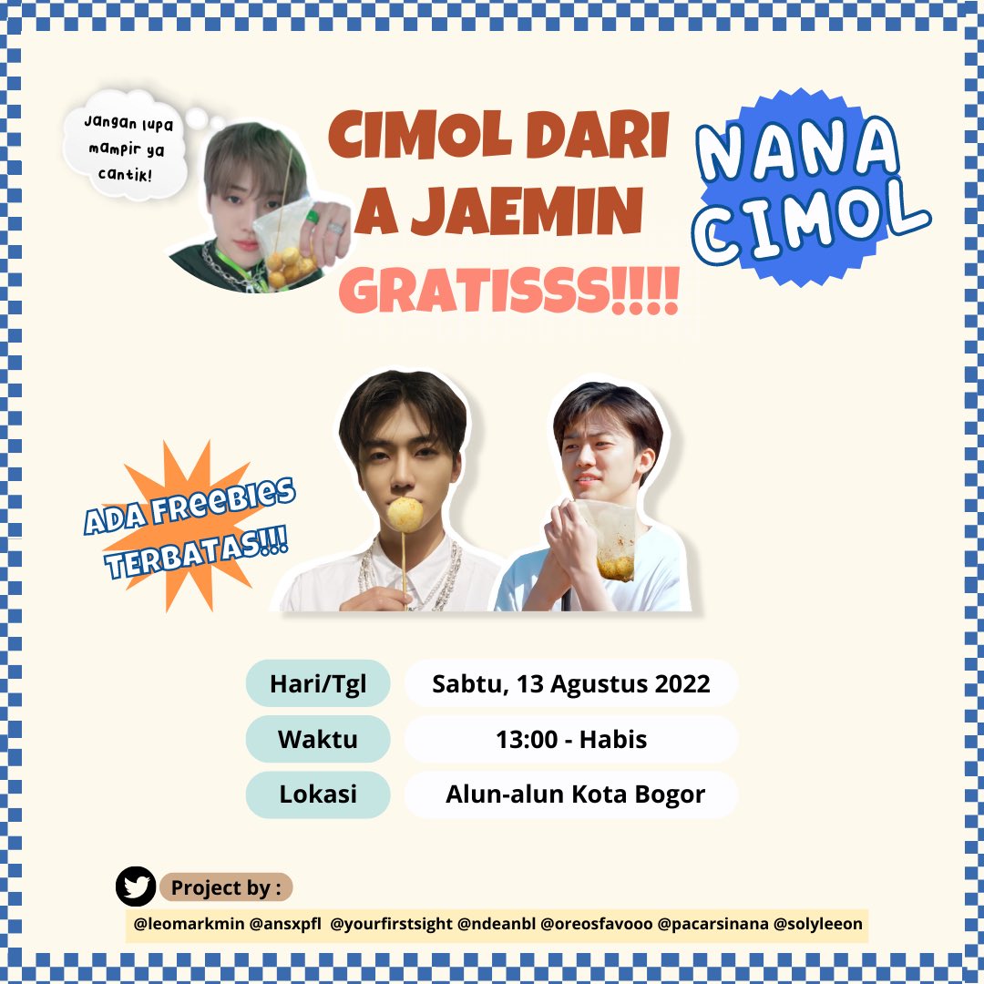 pacarsinana's tweet photo. 2022 NA JAEMIN BIRTHDAY PROJECT 🐰

💚CIMOL GRATIS untuk pengunjung Alun-Alun Kota Bogor dan NCTzen!💚

📆 Sabtu, 13 Agustus 2022
 Jam 13:00 - Habis
📍Alun-Alun Kota Bogor

Ayo datang &amp; ambil cimol gratisnya

Ada freebiesnya juga lhoo
*LIMITED STOCK

#JAEMIN  
#HAPPYJAEMINDAY https://t.co/G1Ha24lHah