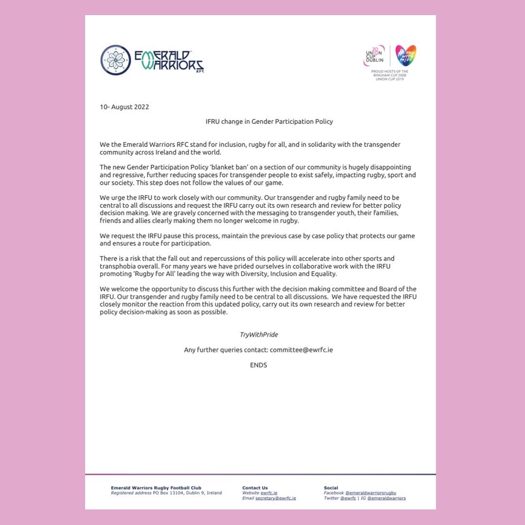 EWRFC oppose IRFU ban of transgender women’s participation in women’s rugby. Read our statement below. We call on allies to support us, as we support those in the women’s game who oppose this policy and in calling for further research in this area  #RugbyForAll