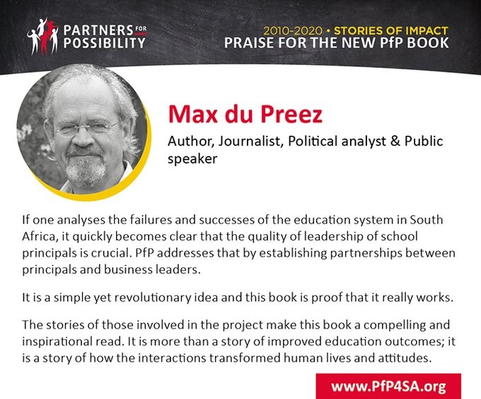 PfP4SA's tweet photo. If one analyses the failures and successes of the education system in South Africa, it quickly becomes clear that the quality of leadership of school principals is crucial.” @MaxduPreez Author, Journalist, Political Analyst &amp; Public Speaker  

#PfPBook https://t.co/Gjehrb2arq