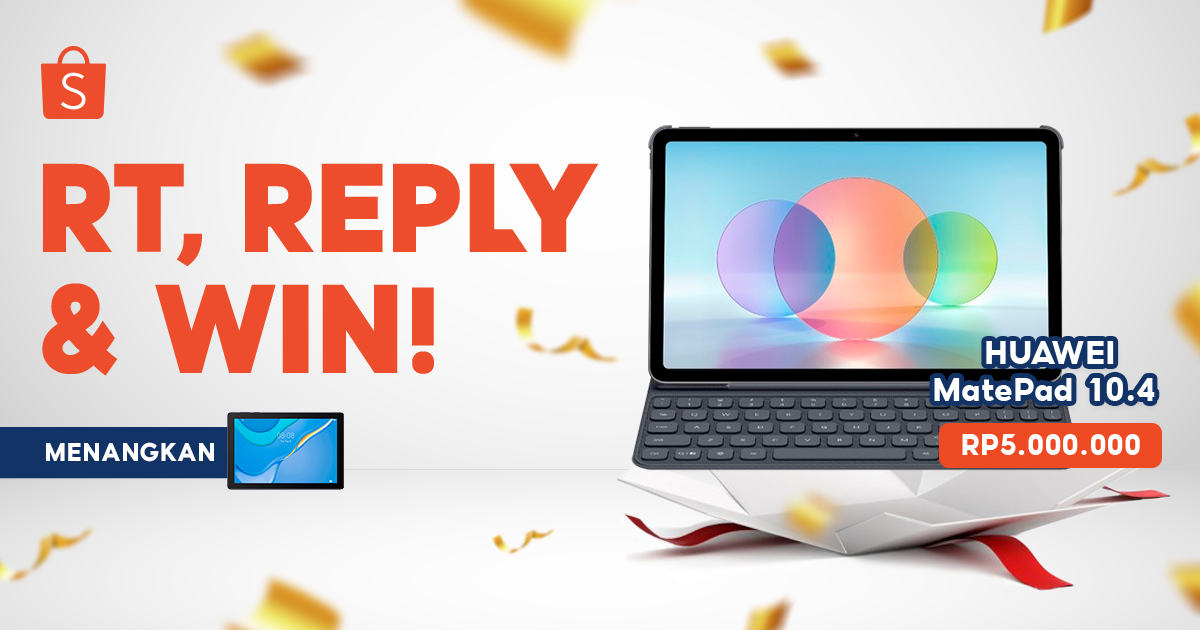 ShopeeID's tweet photo. ✨ GIVEAWAY HUAWEI MATEPAD GRATIS ✨
 
Mau dong dapetin Huawei MatePad T10 GRATIS? Caranya:
1. FOLLOW @shopeeid
2. RT &amp; LIKE tweet ini
3. REPLY #ShopeeBagiHuaweiMatepad SEBANYAK-BANYAKNYA!

Good luck 🎉 https://t.co/pKevXigSFV