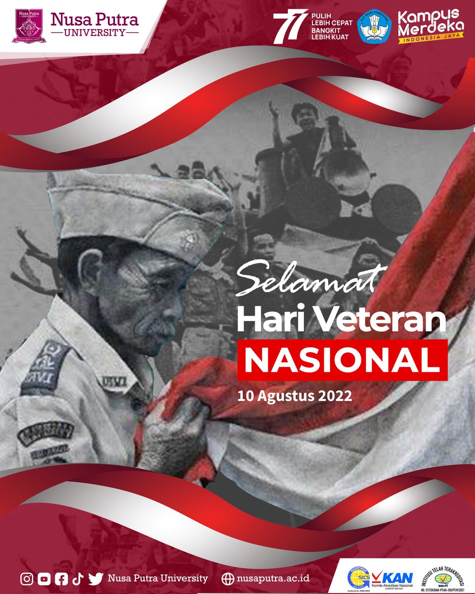 NUSAPUTRA_UNIV's tweet photo. Selamat Hari Veteran Nasional 10 Agustus 2022 “Perkokoh Persatuan Membangun Negeri”
#hariveterannasional #genusian #nusaputrauniversity https://t.co/q4jAdv8ZhO