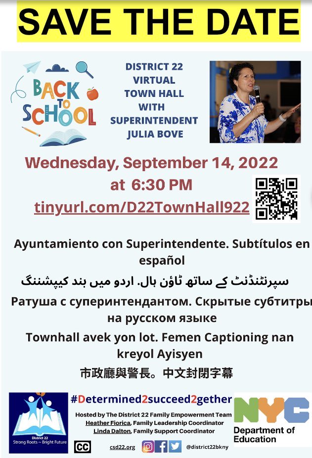 District22BKNY's tweet photo. Save the date District 22 Virtual Town Hall w/Superintendent Bove 9/14/22 #D22BacktoSchool @NYCSchools https://t.co/AYDkpcATgR