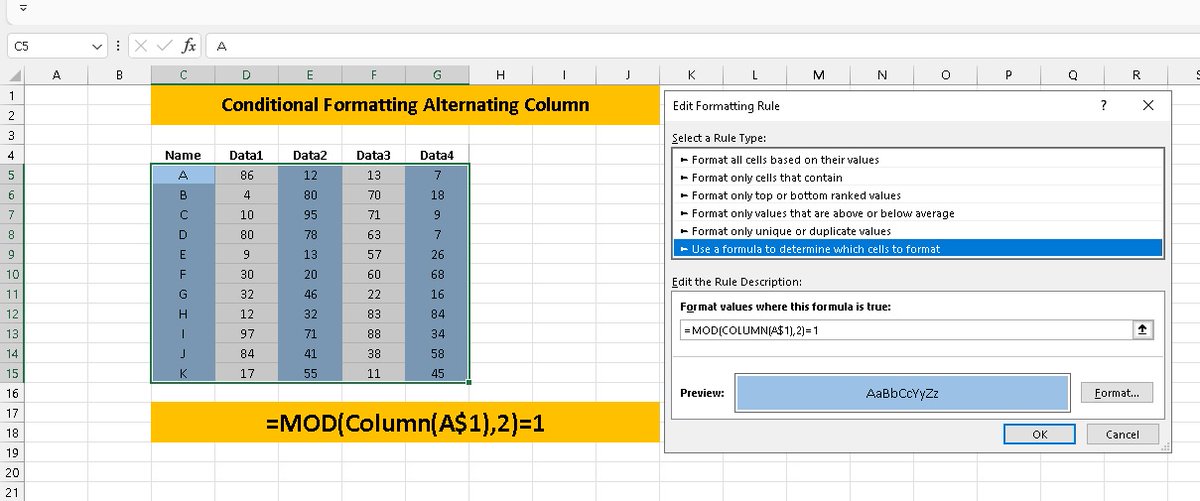 Izzat_Kiswani1's tweet photo. #Excel
#MsExcel
#MicrosoftExcel
#SpreadSheets
#ConditionalFormating
Conditional Formatting Alternating Column https://t.co/5ozv2Xw0hY