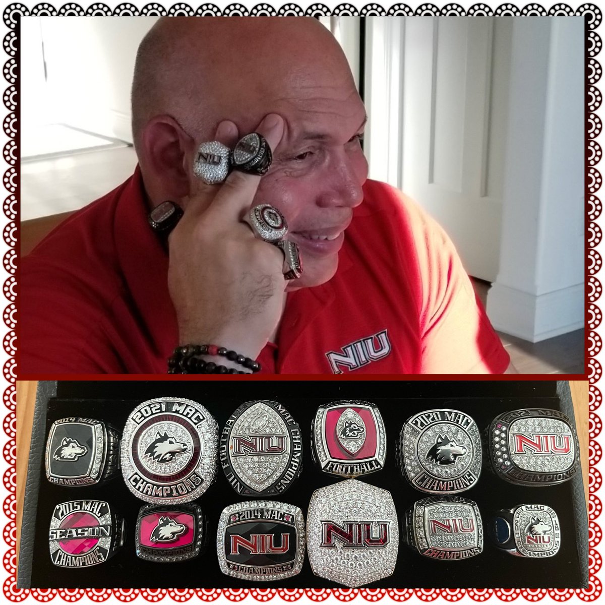 SeanTFrazier's tweet photo. Entering my 10th Yr as NIU AD, Putting away our 13th MAC Championship ring, Attempting to jokingly flex on my daughter😂, Loving that our NIU Brand is Strong, Priceless! 🙏🏽🙏🏽🙏🏽Forward #NIU #Blessed #OurBrandIsStrong #TheProcessIsReal #CollectOurRespect @niu_alumni @NIUAthletics https://t.co/OyC4O6d5kT