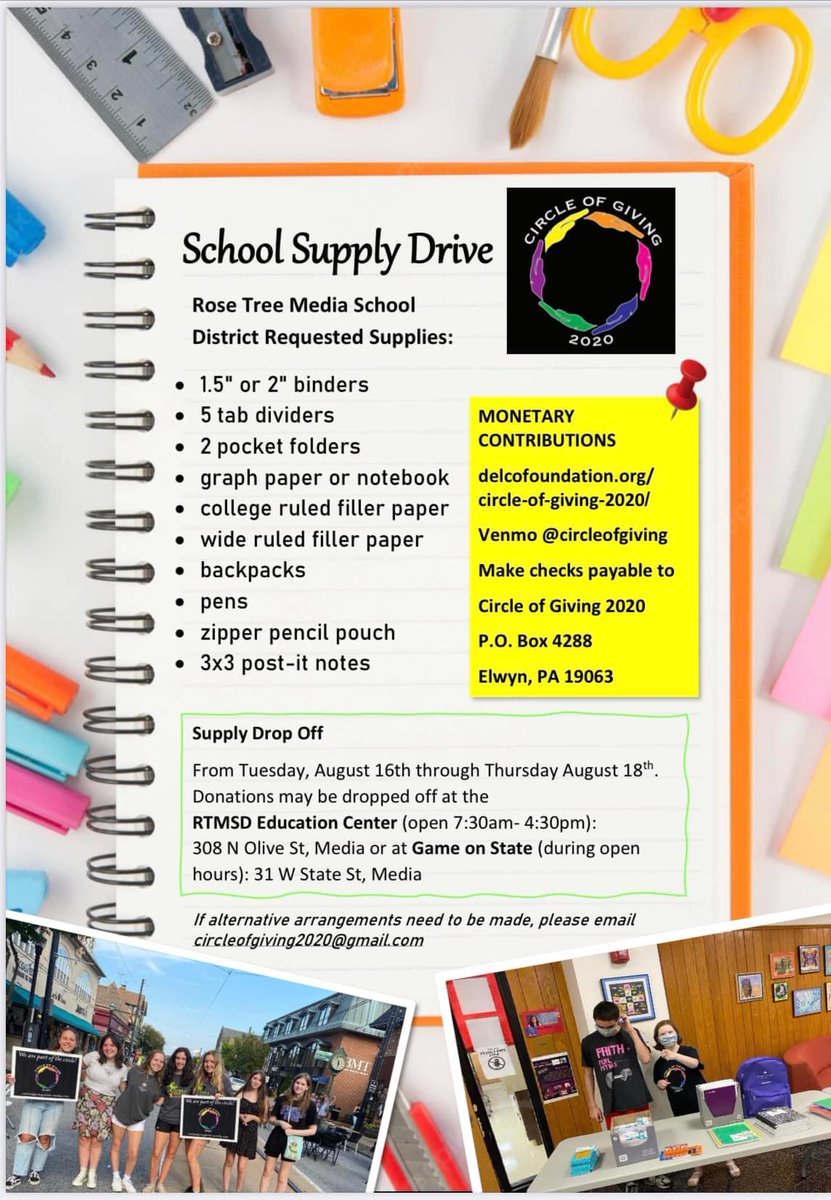 RoseTreeMedia's tweet image. &quot;The Circle of Giving will once again support Rose Tree Media School District families in need for this back to school season.  All supplies and donations collected will be distributed to RTMSD families.&quot;