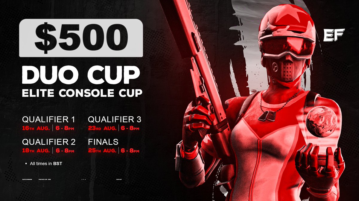 Elite Console $500 Cup! 💰

To participate, complete the steps below: 
• Follow <a href="/EliteFNConsole/">Elite Console</a> &amp; @Shamery187 📋
• Retweet and Like ♻️
• @ your Duo below 💬
• Invite a friend 📩

Once completed, join discord.gg/console and send proof of completing the steps to play!❤️‍🔥