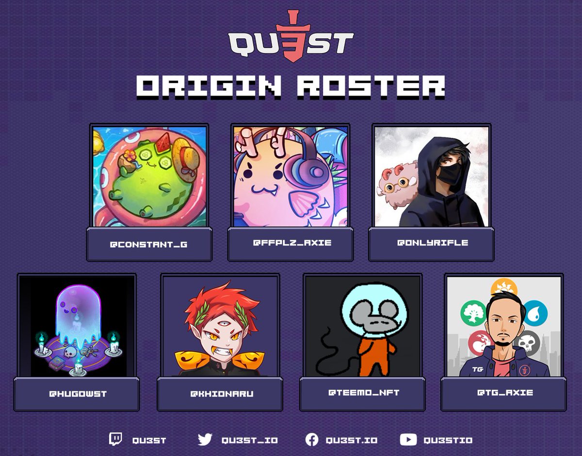 I don't know if they are ready for the new look @QU3ST_Esports roster🤔. Say hello to our new teammates!

Part 2 coming later 🟣

<a href="/C0nstant_g/">c0nstant_g | GG</a>  <a href="/FFPlz_Axie/">FF Plz.ron | METAT8</a> <a href="/OnlyRifle/">Rifle 🛠</a> <a href="/Hugowst/">Hugowst.ron</a> <a href="/Khionaru/">Khion</a> @Teemo_NFT <a href="/tg_axie/">tg</a>