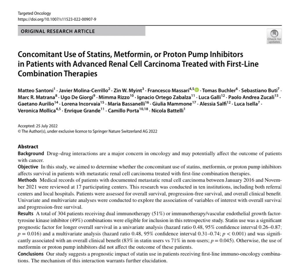 Francesco Massari (@fmassari79) on Twitter photo ⚠️📢 Just published our last research.
Concomitant Use of Statins, Metformin, or Proton Pump Inhibitors
in Patients with Advanced Renal Cell Carcinoma Treated with First‐Line Combination Therapies
<a href="/JaviMolinaC/">Javier Molina Cerrillo</a> <a href="/UgoDeGiorgi/">Ugo De Giorgi</a> <a href="/vmollica7/">veronica mollica</a> <a href="/drenriquegrande/">Enrique Grande</a> <a href="/CPRT65/">Camillo Porta</a> ⚠️📢 Just published our last research.
Concomitant Use of Statins, Metformin, or Proton Pump Inhibitors
in Patients with Advanced Renal Cell Carcinoma Treated with First‐Line Combination Therapies
<a href="/JaviMolinaC/">Javier Molina Cerrillo</a> <a href="/UgoDeGiorgi/">Ugo De Giorgi</a> <a href="/vmollica7/">veronica mollica</a> <a href="/drenriquegrande/">Enrique Grande</a> <a href="/CPRT65/">Camillo Porta</a>
