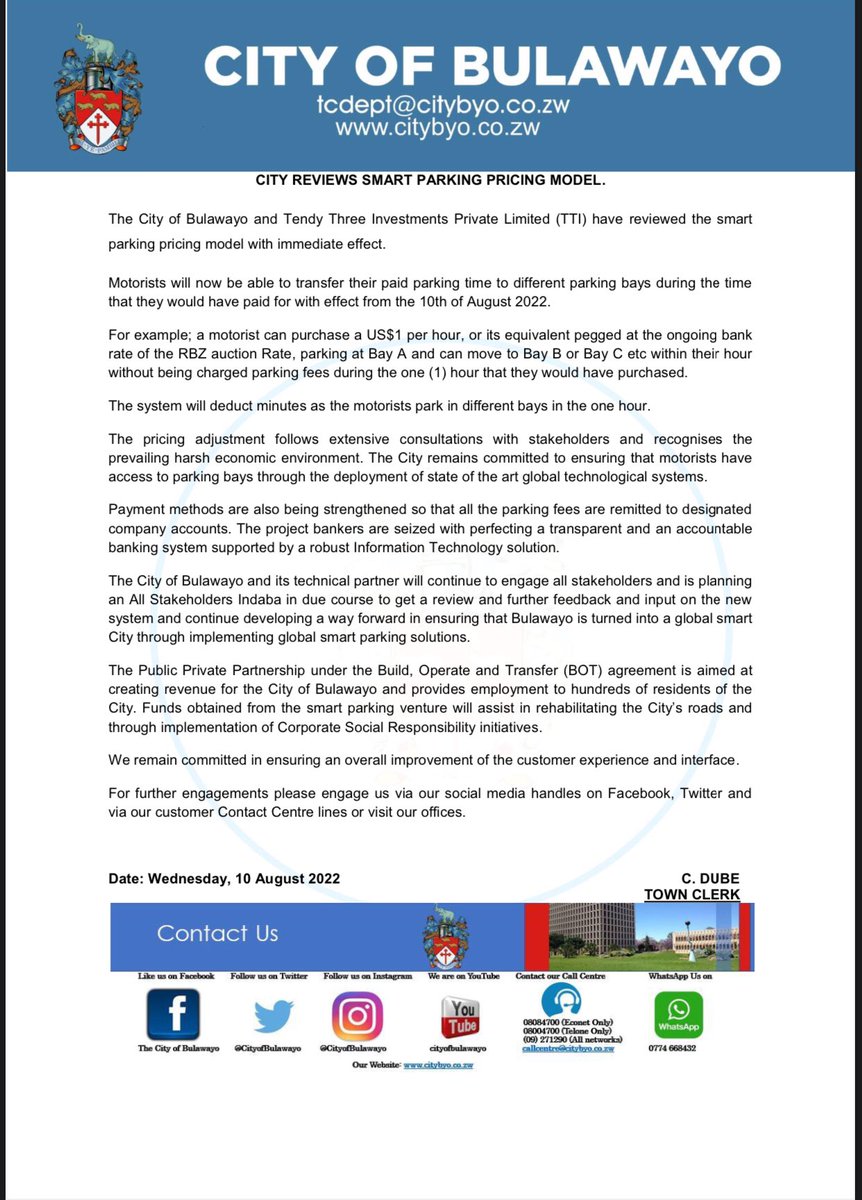 CityofBulawayo's tweet photo. Notice:- Review of the Smart Parking pricing model. https://t.co/eMfNlJDA8U