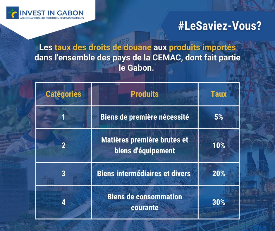 🔴 Découvrez les taux de droits de douane applicables aux produits importés dans l'ensemble des pays de la CEMAC dont fait partie le Gabon ⤵️