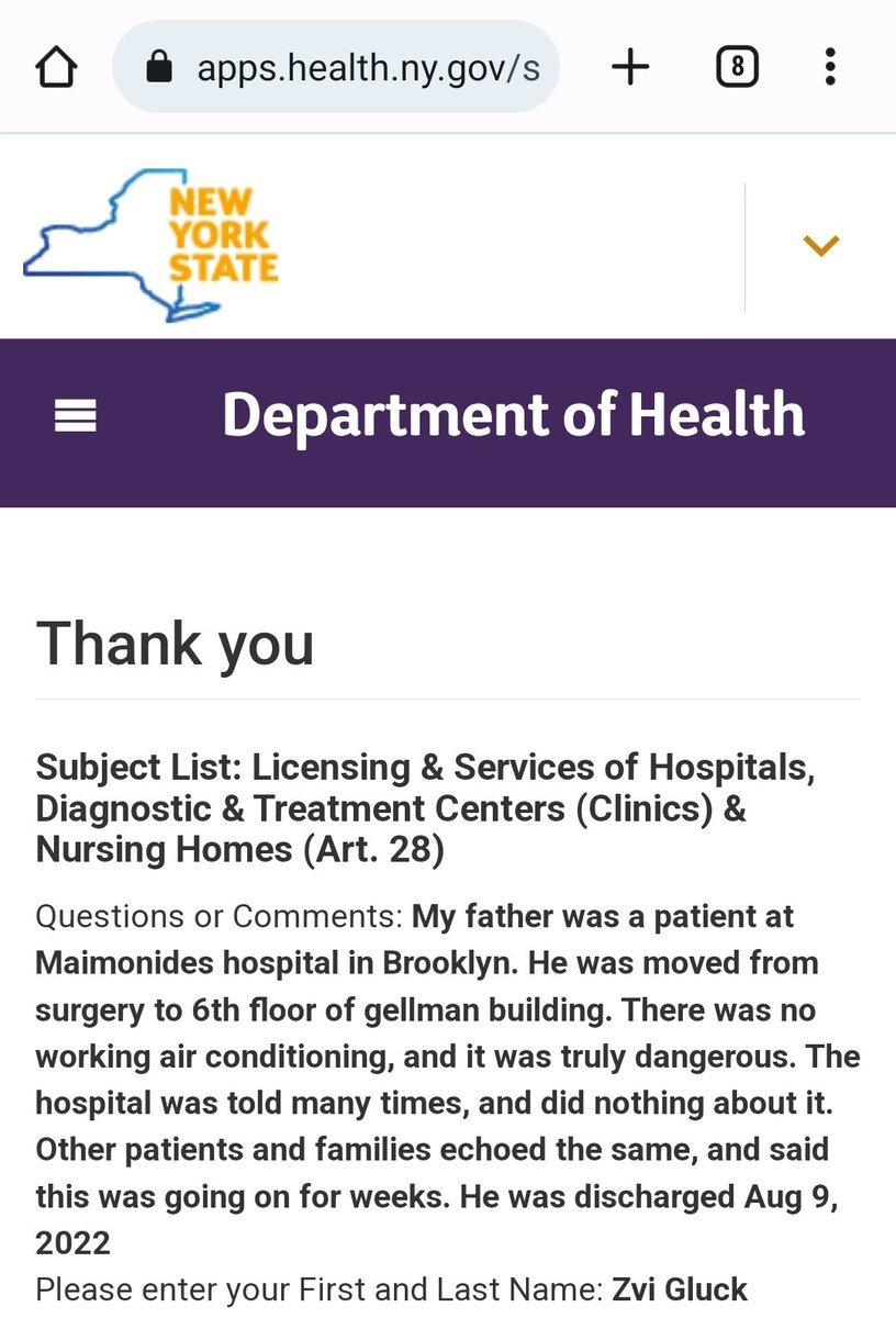 zgluck's tweet image. GM @MaimoHealth, just so you can prepare your reply, I filed an official complaint with @HealthNYGov, I hope others aren't scared to do the same. Click here to file your formal complaint with NYS DOH. apps.health.ny.gov/surveyd8/facil… cc @Save_MMC #savemmc