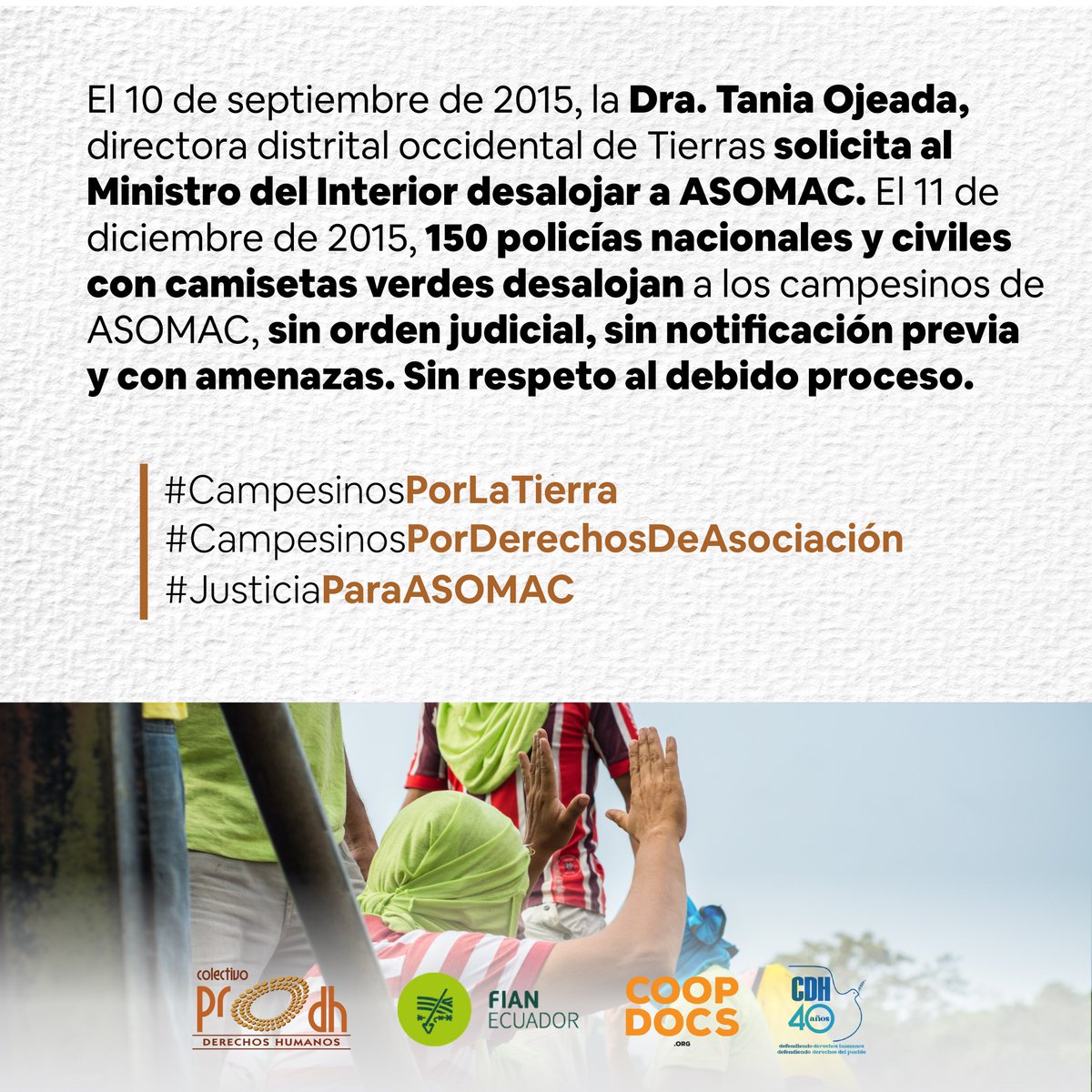 FIAN_Ecuador's tweet photo. 👩🌾👨🌾#CampesinosPorLaTierra
✊#CampesinosPorDerechosDeAsociación
⛏La tierra debe ser para quien la trabaja y ha vivido en ella.
Por intereses electorales el #PlanTierras generó el caso más grave de vulneración de derechos que se conoce hasta la fecha.
#JusticiaParaAsomac https://t.co/TG9pFhaYsX