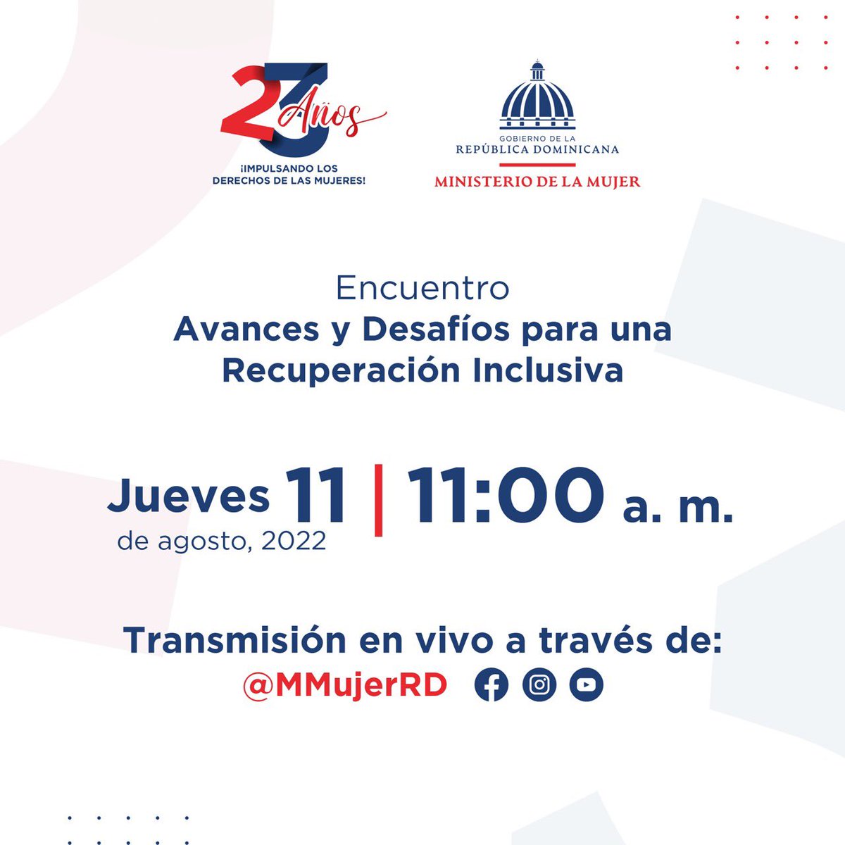 Este jueves 11 de agosto en el <a href="/MMujerRD/">Ministerio de la Mujer República Dominicana</a> celebramos 23 años impulsando los derechos de las mujeres dentro y fuera del país. 🇩🇴