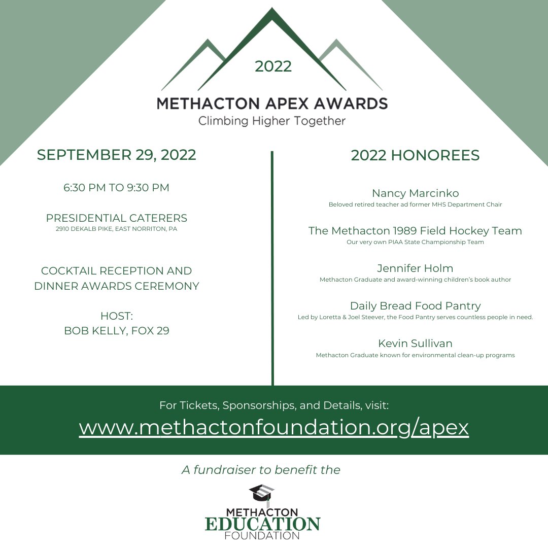Please join us on September 29th for the Apex Awards!
methactonfoundation.org/apex
#apexawards #methacton #climbhigher