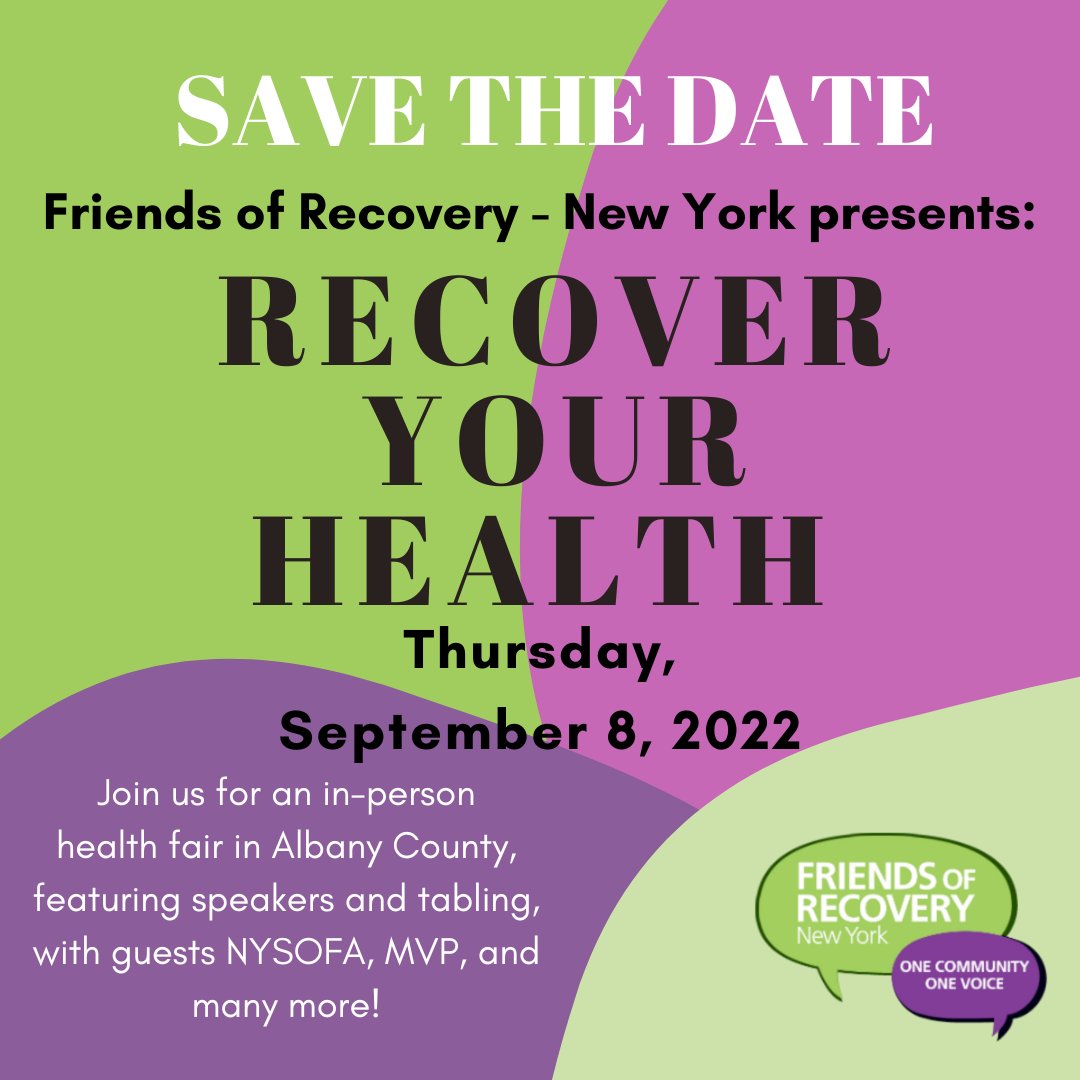Recovery_NY's tweet photo. Just announced! Friends of Recover - New York is proudly hosting Recover Your Health, an in-person health fair event in Albany County on September 8th. Stay tuned for more details! #recovery #RecoveryFORNY https://t.co/lgI5HkmzlH