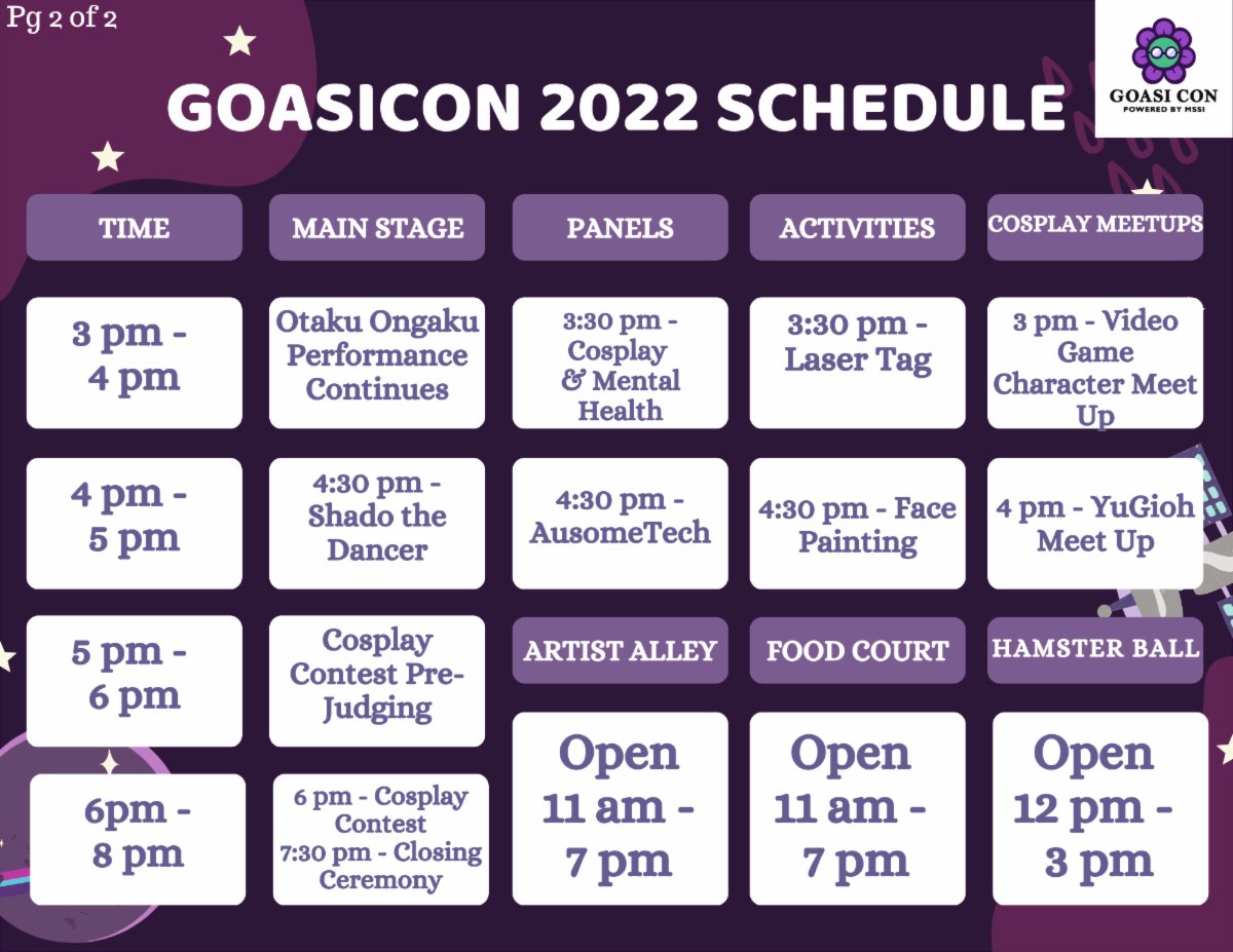 GOASIcon's tweet photo. Get yourselves ready for this Saturday with our jam-packed schedule!

#GOASIcon #GeekOutSI #outdoorcon #geekfestival #NYCcon #animeconvention #comicbookconvention #videogamesconvention #artistalley #activites #cosplaymeetup  #Foodvendors #Cosplayers #cosplaycontest #panels https://t.co/8OczQXC1lj