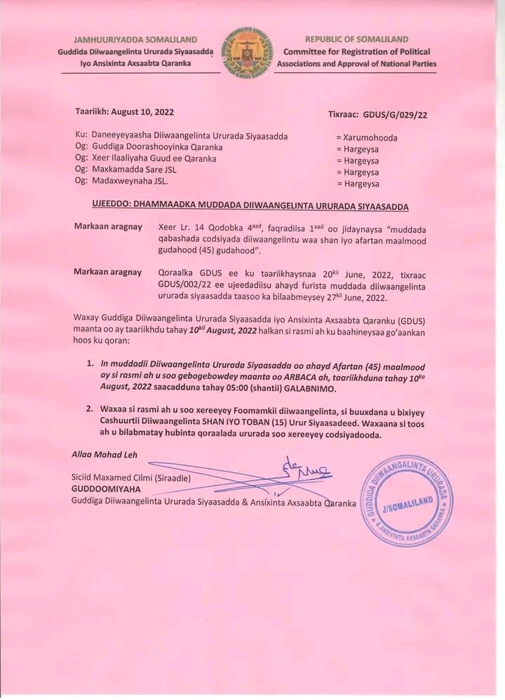 MaxamedCabdiSd1's tweet photo. Congratulations committee for registration of political association and approval of National parties which concluded the first phase of registration of new Association
#legalelection https://t.co/7qVvCYiBTw