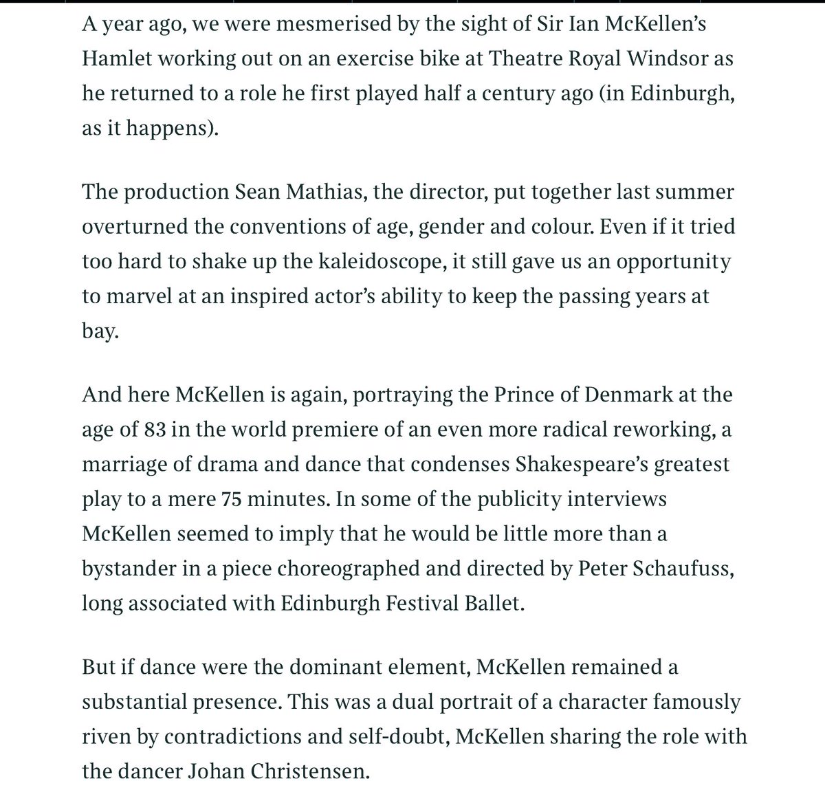 AgeingBetter's tweet photo. “And here #McKellen is again, portraying the Prince of Denmark at the age of 83 in the world premiere of an even more radical reworking, a marriage of drama and #dance that condenses Shakespeare’s greatest play to a mere 75 minutes” @CliveDavisUK @thetimes
#Hamlet #edfringe https://t.co/XMzqGLvK2o