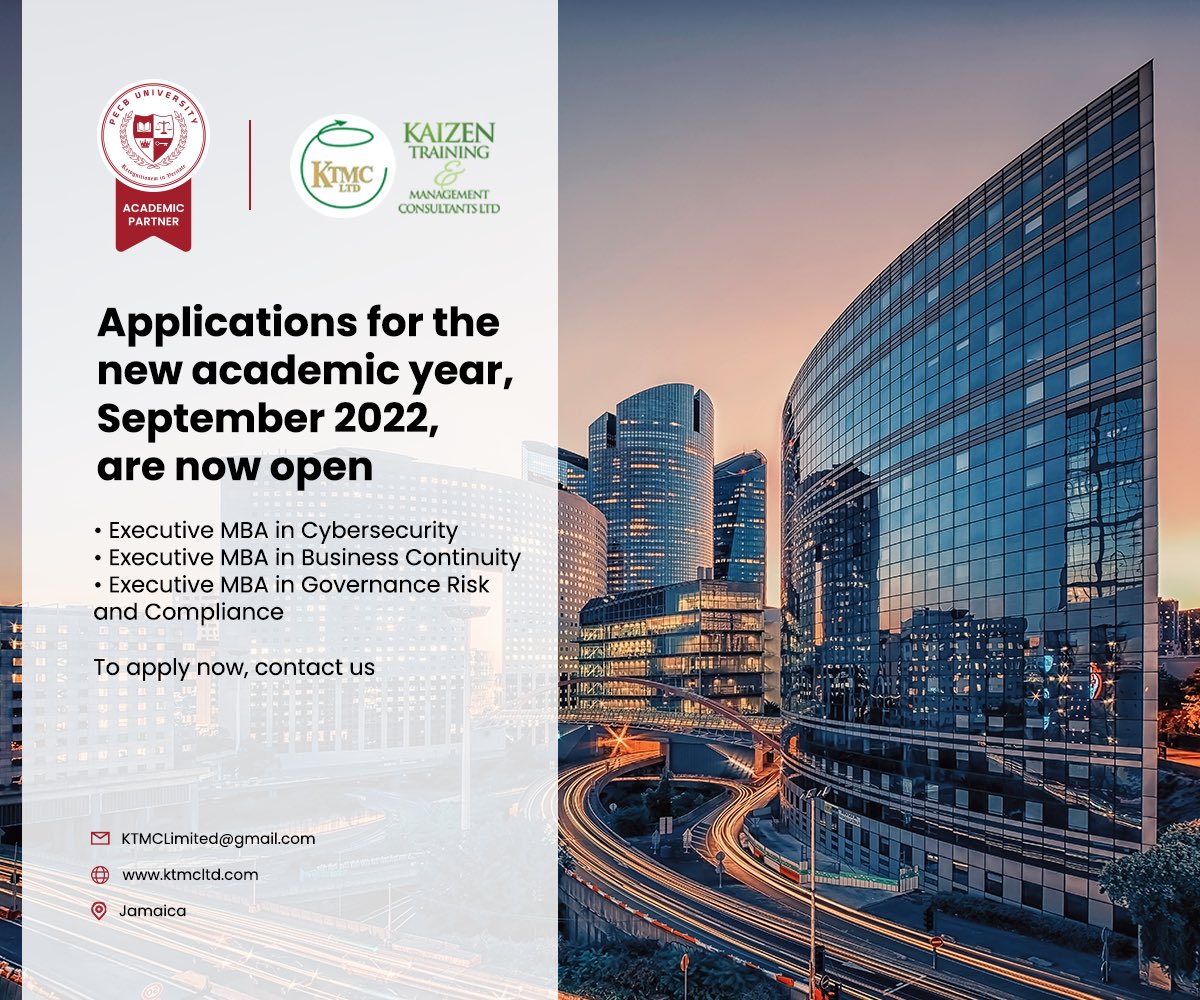 ktmc_limited's tweet photo. Applications for the New Academic year, September 2022 at @PECB University, are now open.
Executive MBA Programs:
·       Cybersecurity
·       Business Continuity Management
·       Governance Risk and Compliance
Contact us for more details. https://t.co/XYT4jwGhjd