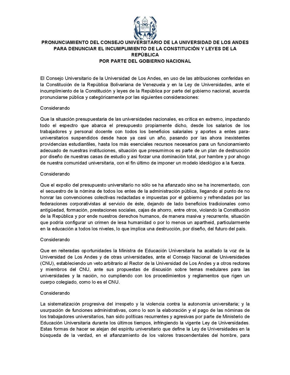 DECANO_ARQ_ULA's tweet photo. PRONUNCIAMIENTO DEL CONSEJO UNIVERSITARIO DE LA UNIVERSIDAD DE LOS ANDES PARA DENUNCIAR EL INCUMPLIMIENTO DE LA CONSTITUCIÓN Y LEYES DE LA REPÚBLICA
POR PARTE DEL GOBIERNO NACIONAL https://t.co/0JNNc0aO20