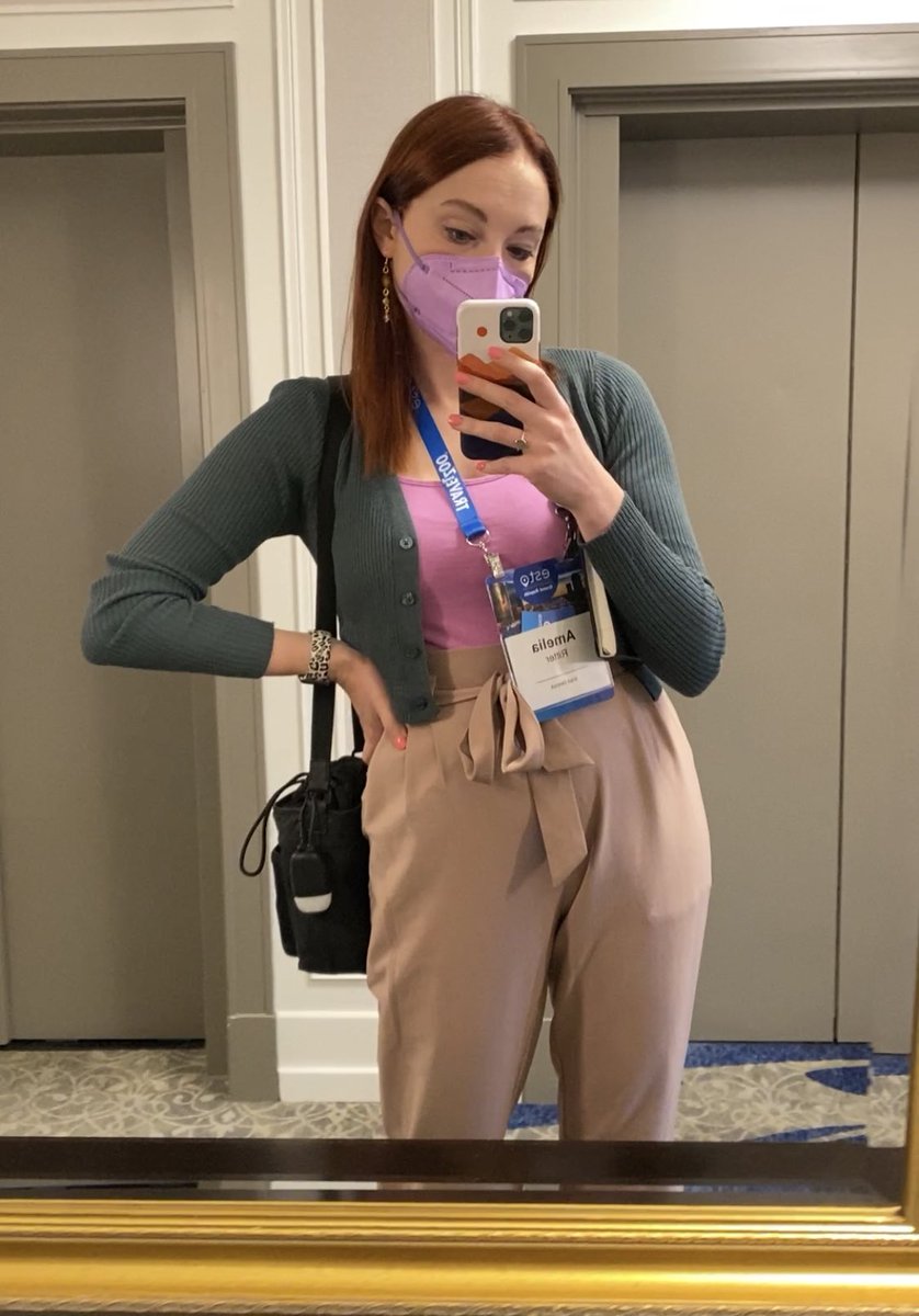 ameliaritter's tweet photo. I missed conferences and I was so stoked for @USTravelESTO that I matched my mask to my outfit each day. (Not pictured, @PureMichigan shirt for Destination Day and navy blue mask) #esto22 https://t.co/dRt1mBeusv