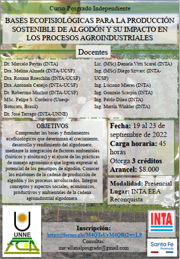 Equipo_algodon's tweet photo. Te invitamos a inscribirte para el curso de posgrado de algodón que se desarrollará en @INTArecon desde el 19 al 23 de septiembre. 
Inscripciones acá:
https://t.co/4xoy4VxDwC
No dudes en consultar,
Te esperamos
@intaargentina 
@UNNE_eduar https://t.co/M02TlPoIa9