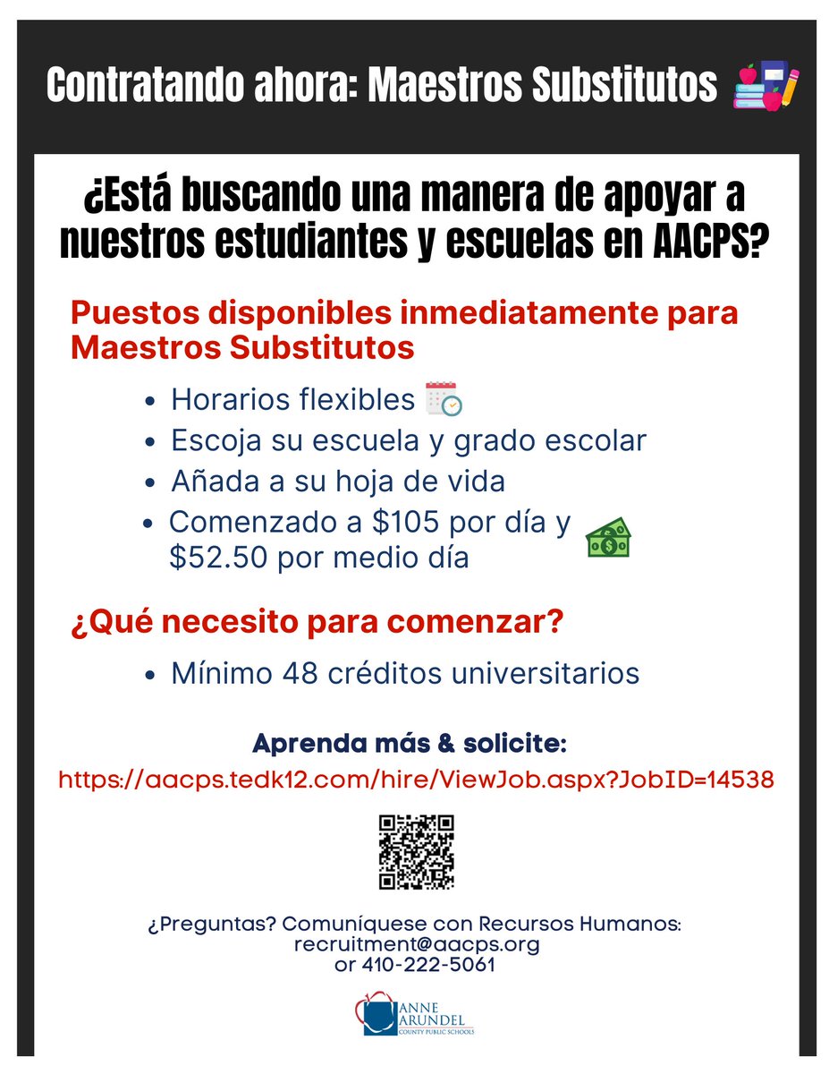 ¿Está buscando una manera de apoyar a nuestros estudiantes y escuelas en AACPS? Aprenda más &amp; solicite:  
aacps.tedk12.com/hire/ViewJob.a… #AACPSAwesome