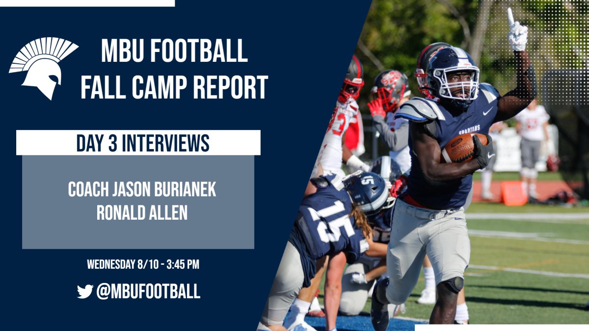 Join <a href="/GuyDanhoff/">Dr. Guy Danhoff🚀</a> and <a href="/KevinPaulus21/">Kevin Paulus</a> today at 3:45 pm as they bring you the first MBU Football Fall Camp Report!  #SpartanUp
