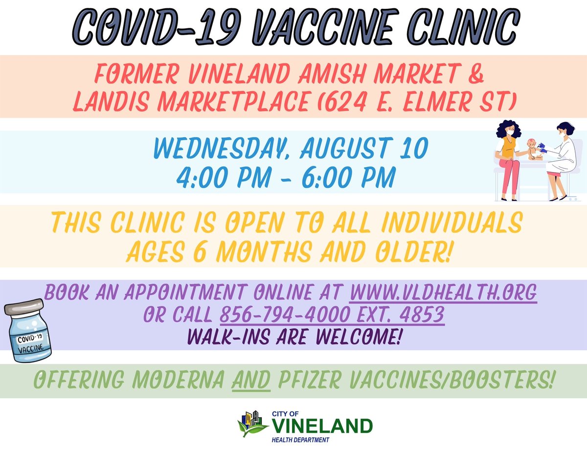 vldhealth's tweet photo. Can't make our clinic at Downtown Grocery and Deli today?  No worries! Join us at the Former Vineland Amish Market (624 E. Elmer St) from 4:00-6:00 to receive a COVID vaccine/booster! We are so lucky to have Dr. Nicole Zucconi and her team join us to help vaccinate! 😁😁 #COVID19 https://t.co/XGrKd9NY6t