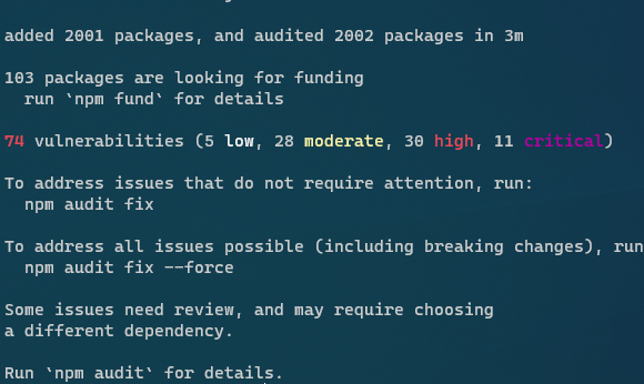 EmmaDSCodes's tweet photo. Seriously, why can't I create a #JavaScript project without having to deal with several minutes of #NPM package installs only to get a bunch of vulnerabilities before even getting the chance to start the project? #dependencyhell https://t.co/dZt2HBORxB