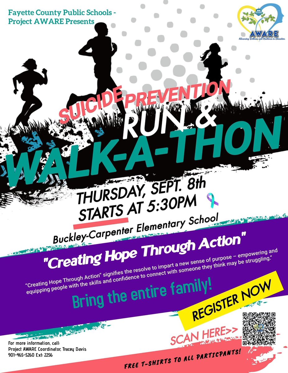 FCPS_AWARE's tweet photo. Fayette County parents, students, staff and community join us Sept. 8 @ 5:30pm at Buckley-Carpenter Elementary. Scan the QR code to register for our Suicide Prevention Run/Walk-A-Thon! FREE tshirts for all participants! #WalkForTheCause ๐ #SuicidePrevention https://t.co/LWERx6stfJ