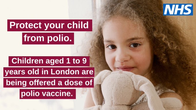 A young girl is smiling at the camera and is holding a toy. The text says "Protect your child from polio.   Children aged 1 to 9 years old in London are being offered a dose of polio vaccine."