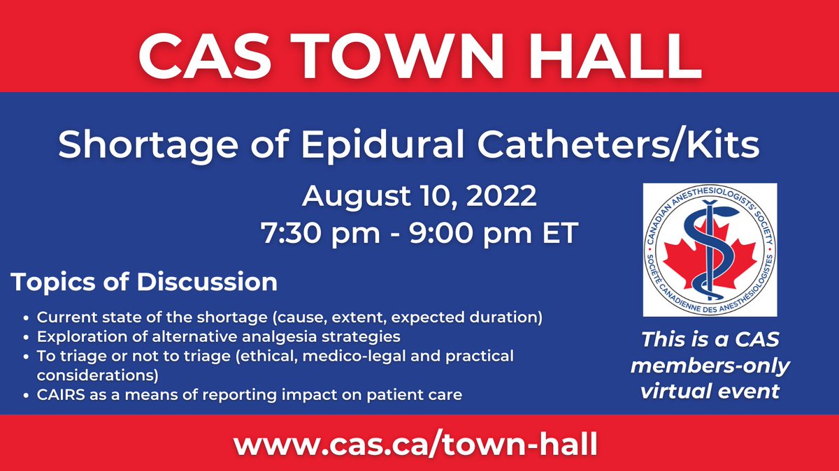 Reminder! Join us for tonight's CAS Town Hall on the Shortage of Epidural Catheters/Kits. 7:30 pm ET.

Register here - cas.ca/town-hall

<a href="/Dolores_McKeen/">Dr.Dolores M McKeen 🇨🇦</a> <a href="/antonchau1/">Anton Chau</a> <a href="/Ropivacaine/">Dr. Vishal Uppal MBBS, FRCA 🇨🇦🇮🇳🏴󠁧󠁢󠁳󠁣󠁴󠁿</a> <a href="/Dr_K_Sparrow/">Kathryn Sparrow</a> <a href="/LorrainechowMD/">Lorraine Chow</a>