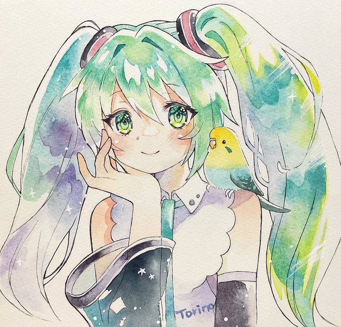 ミクちゃんとインコ【透明水彩】#初音ミク #セキセイインコ 