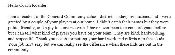 What a day brightener! Coach Koehler received this email in regard to Concord football players DaeSean Emerson &amp; Juan Ross selling discount cards. Thank you DaeSean &amp; Juan for representing your team, school, community and most importantly yourselves with pride and class!