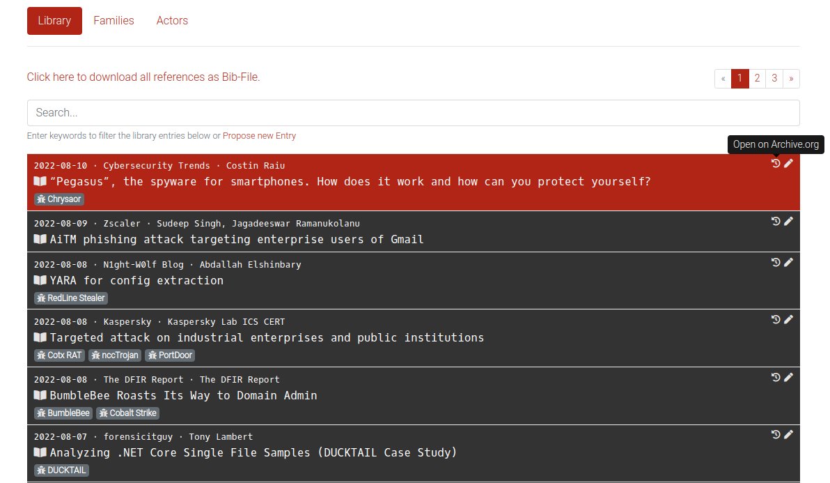 malpedia's tweet image. New feature: We frequently observe that reporting on malware and threat actors vanishes from the web. Therefore, we now automatically cache our library via @waybackmachine in an effort to preserve this knowledge and retroactively triggered archiving for all 12k+ library entries.