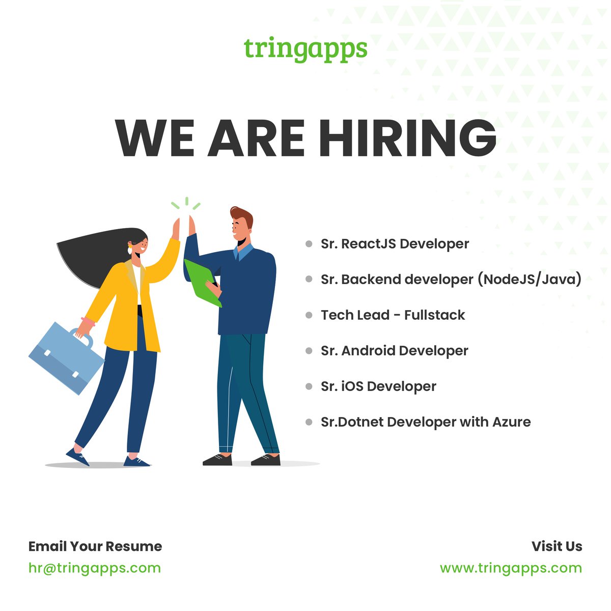 tring_apps's tweet photo. We at Tringapps are hiring across verticals.

Head to our careers page at https://t.co/lRNuhtfaKN

Or Send your Resumes to hr@tringapps.com with 
Subject: Name_Position_Experience and apply with your updated CVs.

 Join us to make a difference! 

 #careers  #tringapps #tring https://t.co/d3KnjY4e0f
