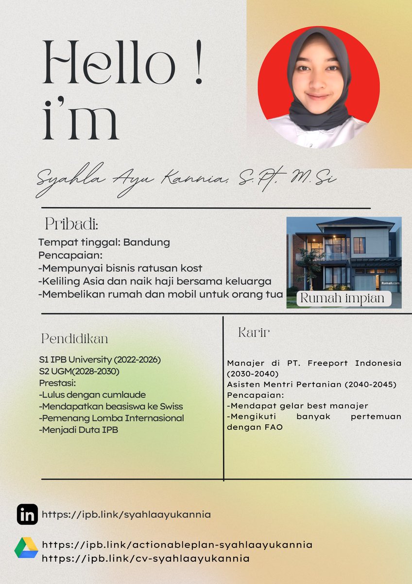 likeanuts's tweet image. “dreams will be come true”
Syahla Ayu Kannia 
A1401221064
#AkudiMasaMendatang #MPKMBIPB59
#IPBUniversity
@julayhaa_ @MPKMB_IPB