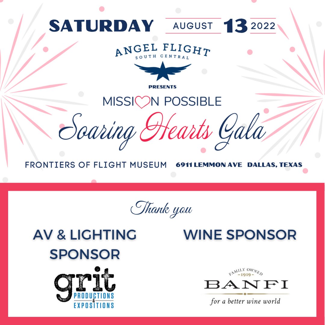AngelFlightSC's tweet image. Thank you to Grit Productions and Banfi for supporting our Mission Possible: Soaring Hearts Gala 2022! We are looking forward to a fantastic event in less than 2 WEEKS. Mission Possible Tickets Available Here: ow.ly/mYGG50JZiVN