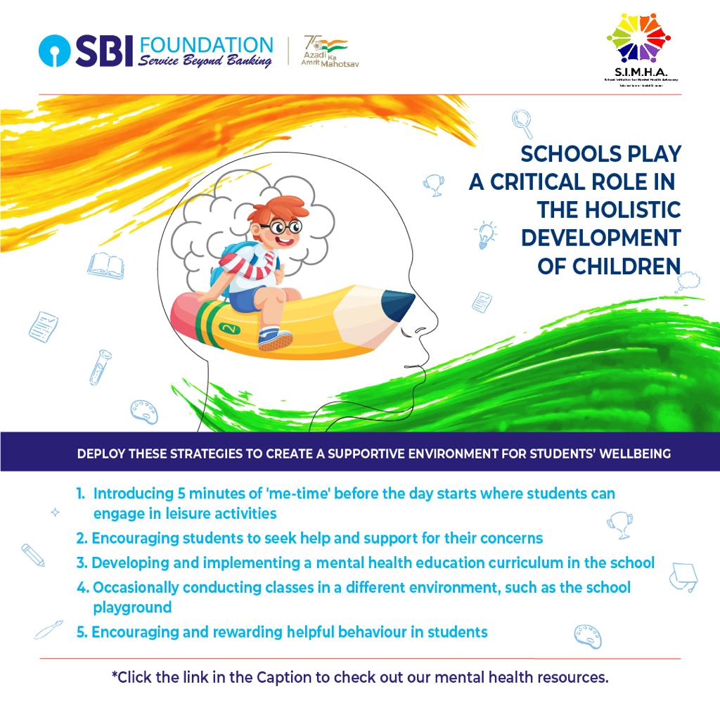 SBI_FOUNDATION's tweet photo. Schools must have a structured program for the psychological well-being of children. The following approaches help in incorporating the same. Check out our mental health resources here https://t.co/iCHWD1QZES
#AzadiKaAmrutMahotsav #AzadiKaAmrutMahotsavWithSBI #SBIFoundation #SBI https://t.co/wrGrivnlwf
