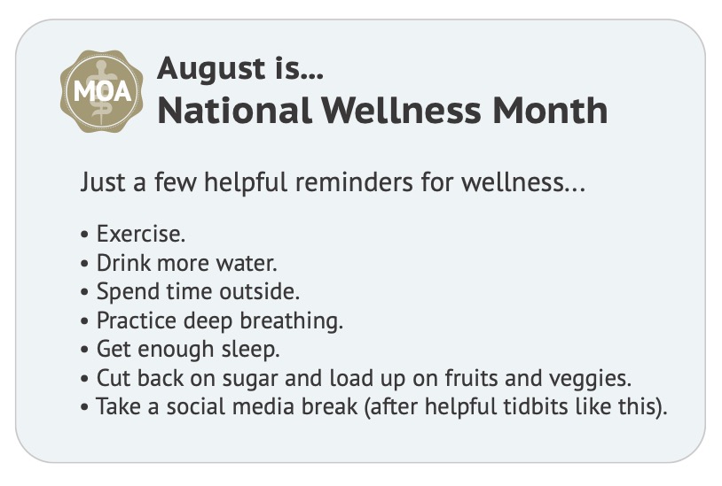 MichiganDOs's tweet photo. August is National #Wellness Month! #OsteopathicPhysicians have always treated the body as a whole and taught their patients wellness. While everyday should be a wellness day, we hope everyone takes some time this month to be wellness-aware. https://t.co/PJSzQSfTXg