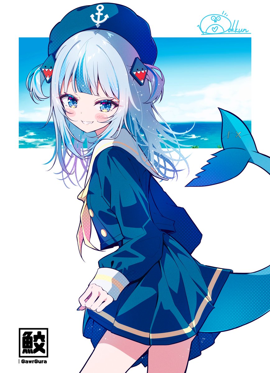 gawr gura 1girl fish tail tail solo blue eyes smile blue hair  illustration images